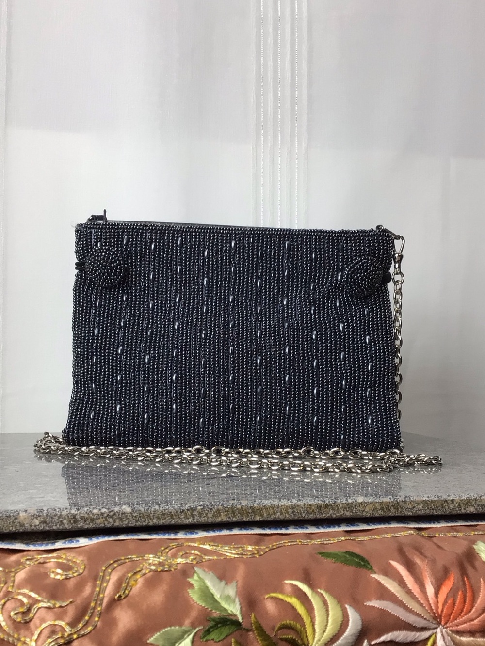 Inge Christopher Elegant Charcoal Beaded Reversible Crossbody Clutch Bag